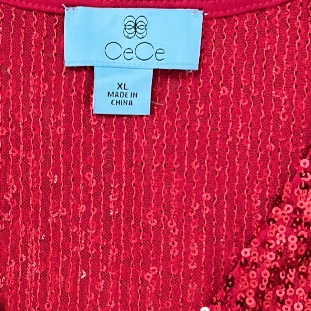 CeCe Sequined V-Neck Cap-Sleeve Red Blouse-Size XL - Picture 4 of 7